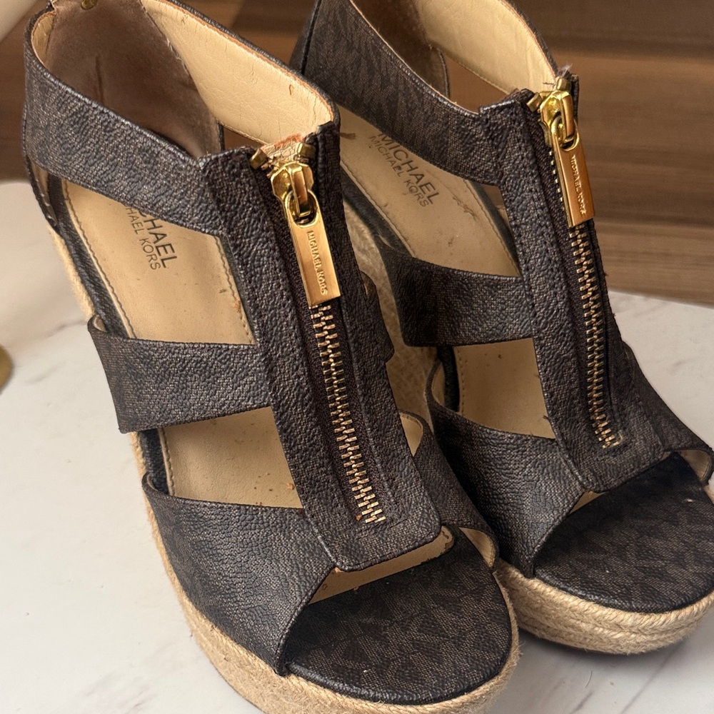 Michael Kors Dark Brown Logo Espadrille Wedge Sandals with Gold Zipper Detail